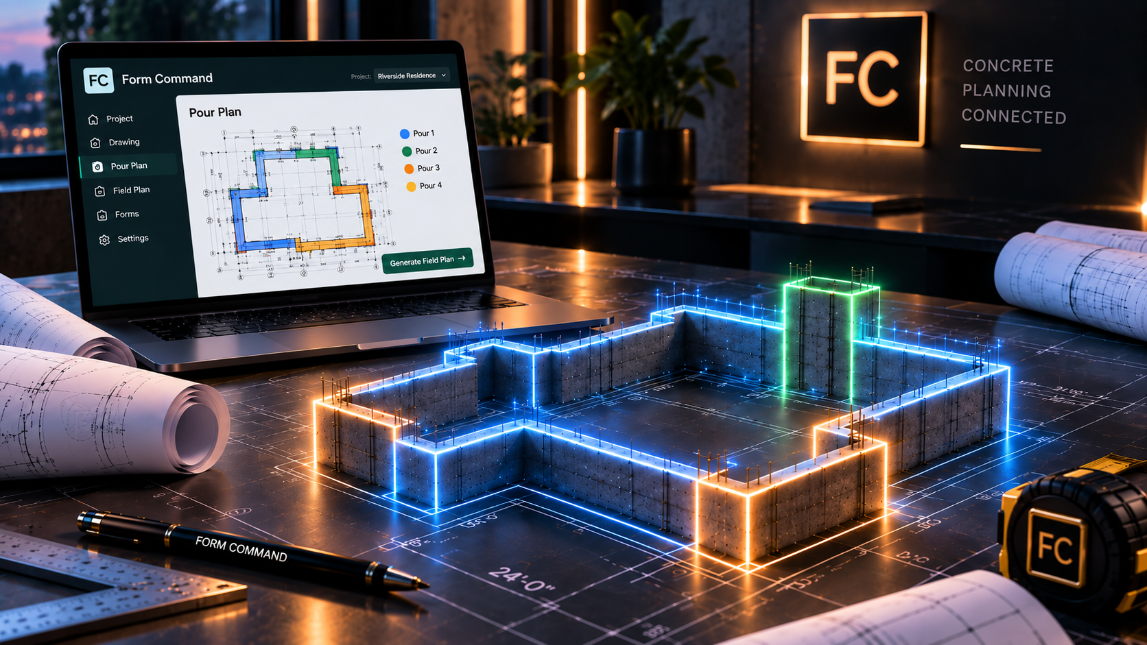 Conceptual Form Command workspace showing a construction drawing becoming a color-coded concrete pour plan